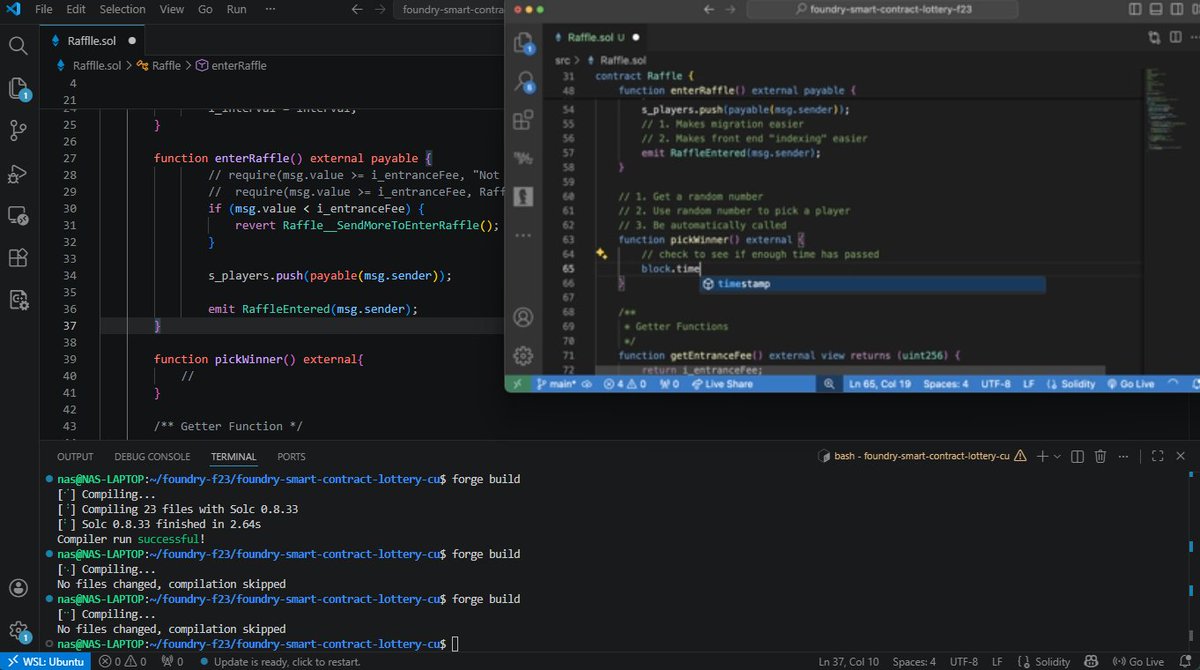 Nasintech's tweet image. Day 25 of becoming a Smart Contract Developer🔥

Revised the Foundry FundMe  and Reflected on the code. I Later Progressed to the Smart Contract Lottery Section where i learnt about: 

✅Solidity style Guide
✅events and emits
✅block.timestamp

@CyfrinUpdraft #Web3 #Foundry