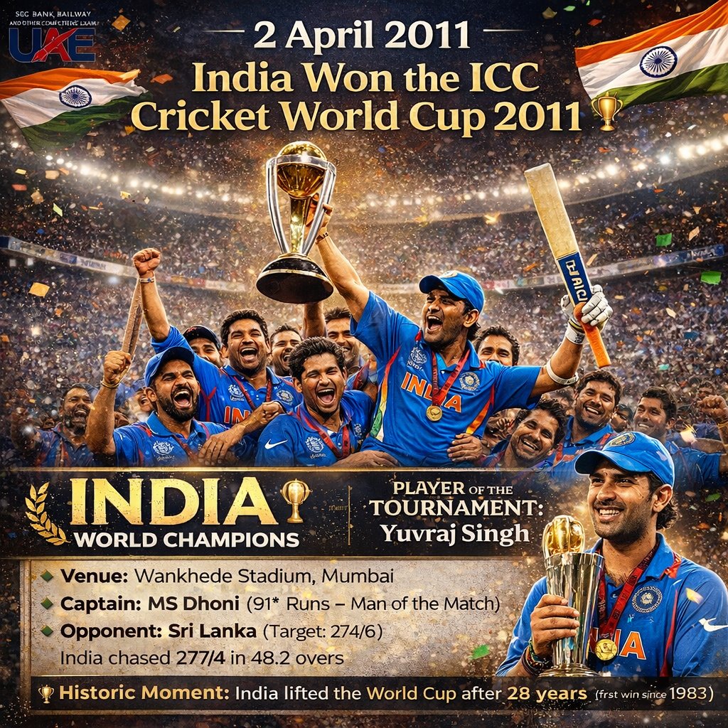 UMPIREACAD11874's tweet image. 2 April 2011
India Won the ICC Cricket World Cup 2011 🏆📍 Venue: Wankhede Stadium, Mumbai

👨‍✈️ Captain: MS Dhoni
(91 Runs – Man of the Match)*

⚔️ Opponent: Sri Lanka
(Target: 274/6)
India chased 277/4 in 48.2 overs #worldcup #2april #trending