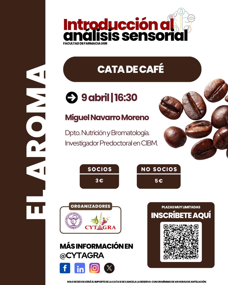 CYTAGRA's tweet photo. Os presentamos nuestro ciclo de análisis sensorial:

🔹 7 abril (16:30h) – “EL ORIGEN”: Cata de agua mineral y carbonatada.
🔹 9 abril (16:30h) – “EL AROMA”: Cata de café.

❗️Precio conjunto: Cata Agua + Cata Café: 5€ socios / 8€ no socios.

Enlace en nuestra bio

#Granada #UGR https://t.co/GCfhw4n1A8