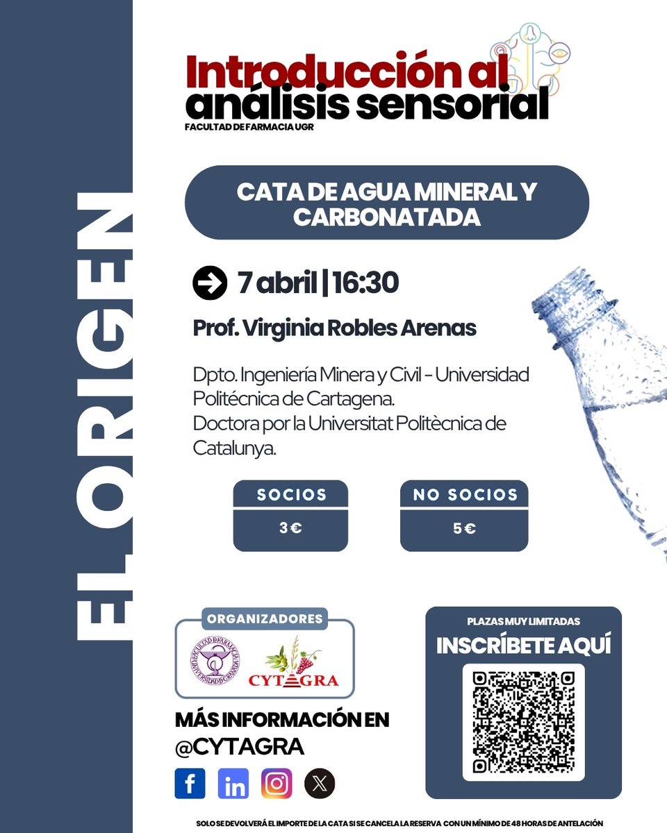 CYTAGRA's tweet photo. Os presentamos nuestro ciclo de análisis sensorial:

🔹 7 abril (16:30h) – “EL ORIGEN”: Cata de agua mineral y carbonatada.
🔹 9 abril (16:30h) – “EL AROMA”: Cata de café.

❗️Precio conjunto: Cata Agua + Cata Café: 5€ socios / 8€ no socios.

Enlace en nuestra bio

#Granada #UGR https://t.co/GCfhw4n1A8