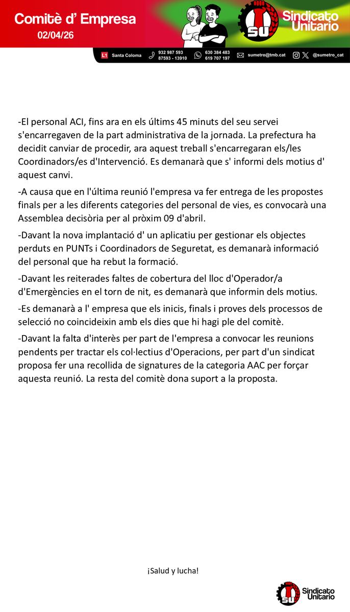 sumetro_cat's tweet photo. Publicamos el resumen del Comité de hoy.
Publiquem el resum del Comitè d'avui. https://t.co/suH8cmhenJ