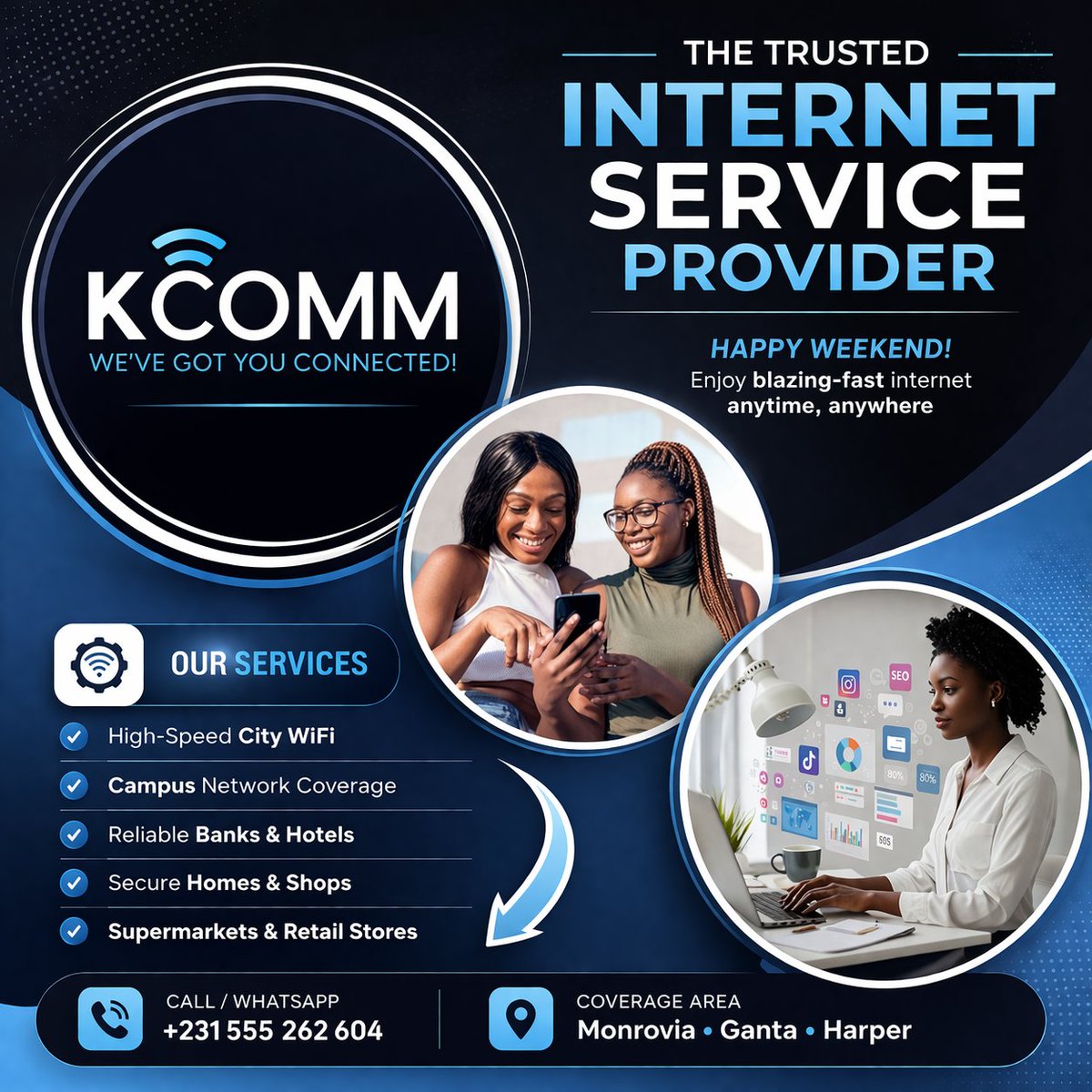 kcomm4499's tweet image. The internet you can trust.

Fast. Reliable. Everywhere.
KCOMM keeps you connected anytime, anywhere.
📞 +231 555 262 604/+231778332259
#KCOMM #FastInternet #StayConnected #CityWiFi