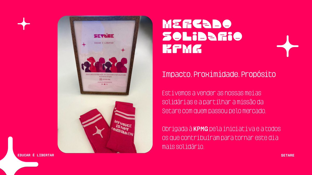 Pequenos gestos. Impacto solidário.
Setare × <a href="/KPMG/">KPMG</a> Portugal
#MercadoSolidárioKPMG #Solidariedade #ImpactoQueConta #EducarÉLibertar