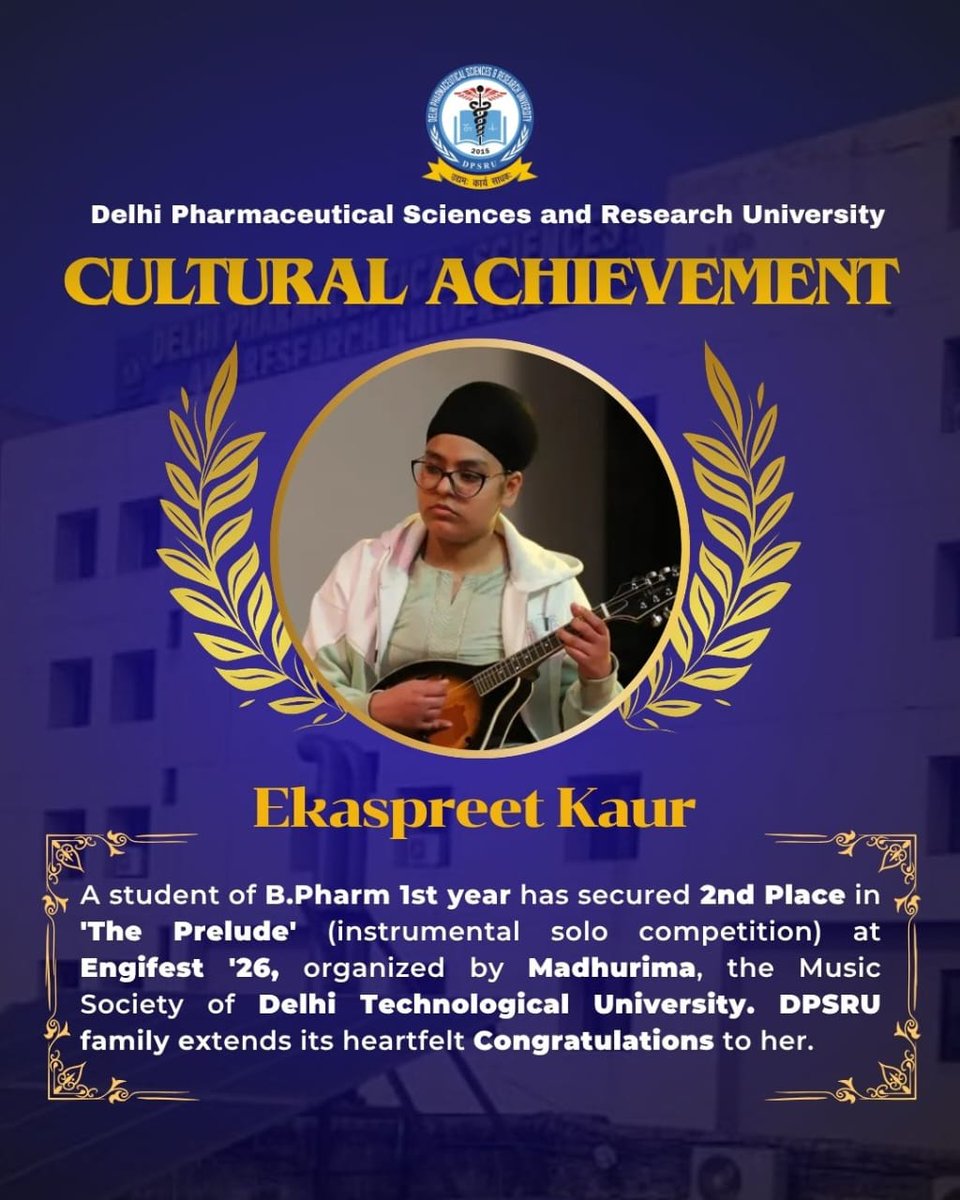 Proud moment for DPSRU ✨
Our student, Ekaspreeet Kaur, secured 2nd place in ‘The Prelude’(Instrumental Solo Competition) at Engifest ’26, organized by DTU. 
Heartiest congratulations and best wishes for many more successes ahead🌟

#DPSRU #StudentAchievement #ProudMoment