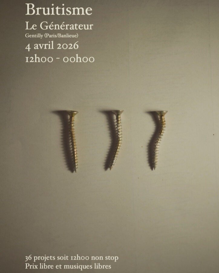 davidfenech's tweet photo. I will play a solo set at Bruitisme, Le Générateur (Gentilly). Sat April 4

20-min back-to-back sets, no pauses, no soundchecks. 13 years of free music.

W/ Andy Bolus, Romain Perrot, Tom Val, Kasper Toeplitz, Arnaud Rivière, Tzii.

Pay what you want.

https://t.co/r1Mxo6sKqo https://t.co/cGxSKwQi0t