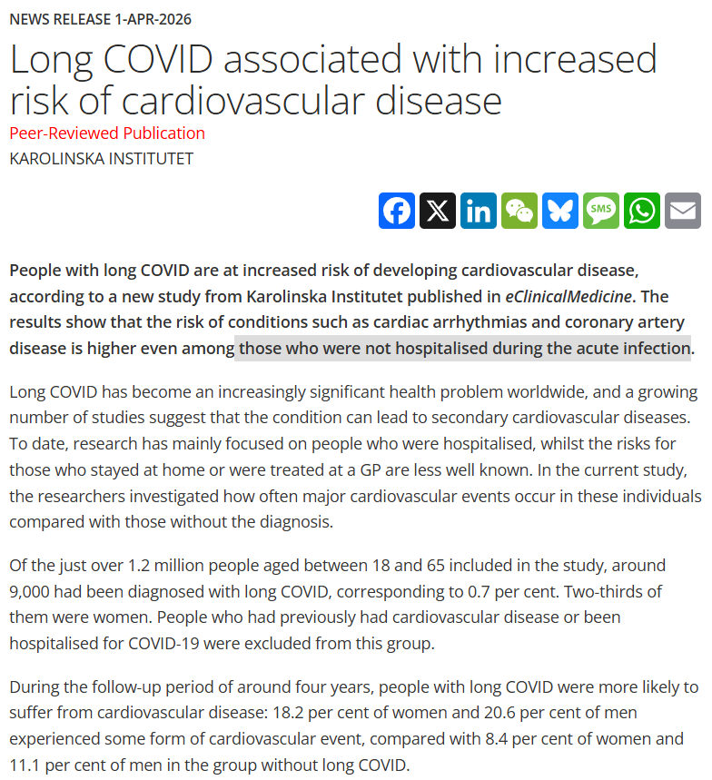 TomKindlon's tweet image. News Release 1-Apr-2026

"Long COVID associated with increased risk of cardiovascular disease"
eurekalert.org/news-releases/…

Note: importantly, these had not been hospitalised for Covid

Full paper
thelancet.com/journals/eclin…

#LongCovid #COVID19