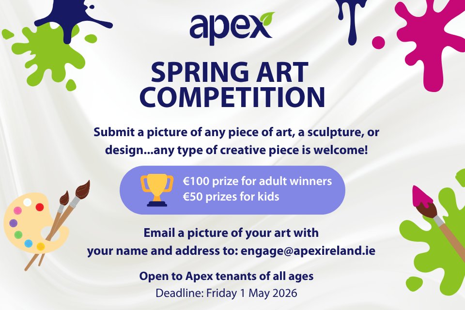 ApexIreland's tweet photo. 🎨 The Apex Spring Art Competition is here, and whether you're a seasoned artist or just starting out, this is your chance to showcase your creativity!

📧 Email a photo of your creative piece to engage@apexireland.ie
⏰ Deadline: Friday 1 May 2026
ℹ️ https://t.co/sEByv36CRY https://t.co/Vsejgp5hsh