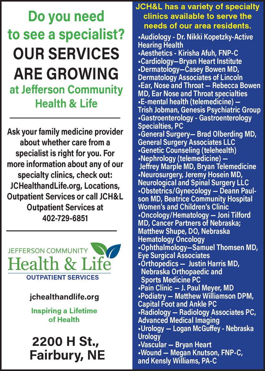 We’re expanding specialty clinic services at JCH&amp;L so you can see trusted providers close to home 💙
Talk with your primary care provider to get started, or learn more at jchealthandlife.org or 402-729-6851.

#JCHL #RuralHealth