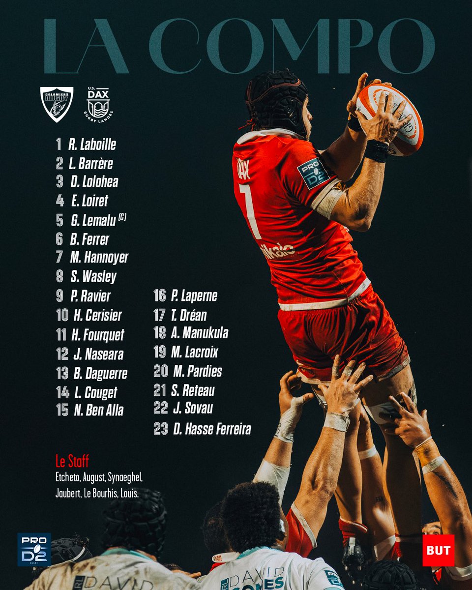 usdaxrugby's tweet photo. ๐๐ ๐๐ข๐ ๐ฃ๐ข ๐๐ฉ๐๐ BUT Saint Paul Les Dax ๐ดโช
Retrouvez la composition Dacquoise pour affronter @ColomiersRugby dans cette 25รจme journรฉe de @rugbyprod2 !
#usdax #composition #ProD2 https://t.co/vtn2GQtUSw
