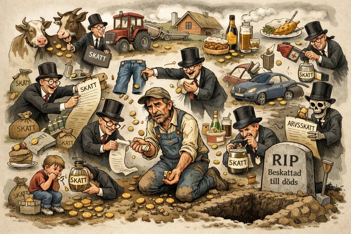 Beskatt’a hans mark, beskatt’a hans lön,
beskatt’a sängen där han vilar skön.
Skatta traktorn, mula och plog –
lär honom snabbt: skatt är lagens drog.

Skatta kon och skatta get,
skatta byxor, rock och sätt.
Skatta slipsar, skjortor, slit,
skatta jorden – varje bit.

Skatta