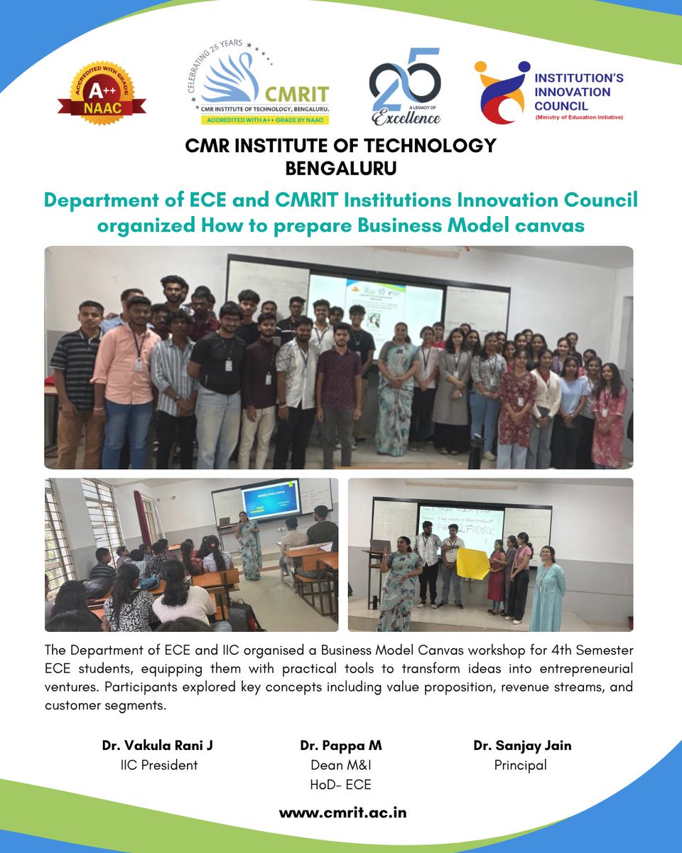 CMRIT_Bengaluru's tweet image. IIC-CMRIT in collaboration with the Department of Electronics and Communication Engineering organized an Expert Talk on How to Prepare a Business Model Canvas on 25th March 2026.

@mhrd_innovation

#cmritbengaluru #cmrit #IIC_CMRIT #mhrd #ECE