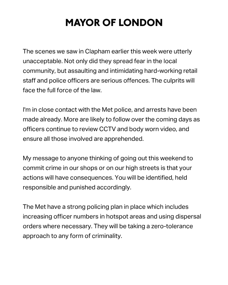 MayorofLondon's tweet image. The scenes we saw in Clapham earlier this week were utterly unacceptable.

My statement ahead of the bank holiday weekend: