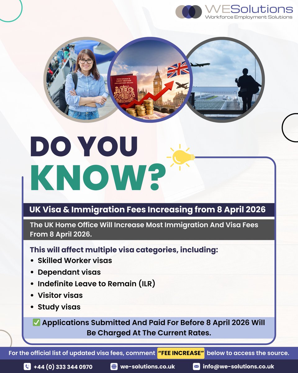 SolutionsWe's tweet photo. UK visa and immigration fees are set to increase from 8 April 2026.

If you are planning to apply for a Skilled Worker visa, Dependant visa, ILR, Visitor visa, or Study visa, now is the time to act. 

#NewBeginnings #wesolutionsltd https://t.co/TjBDB0EO5V