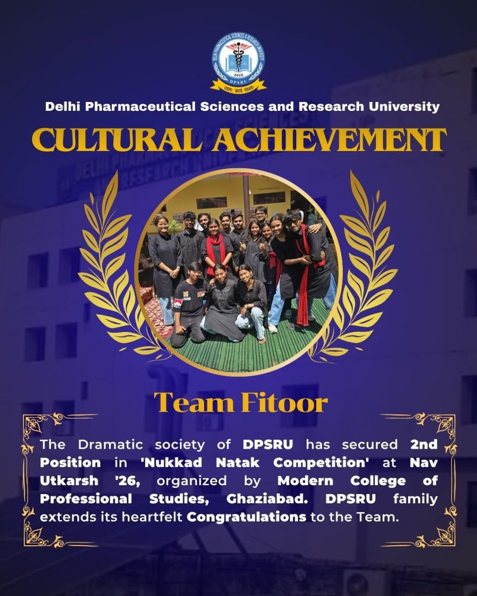 Proud moment for DPSRU 🎭✨
Team Fitoor, the Dramatic Society of DPSRU, secured 2nd position at Nav Utkarsh ’26 in the Nukkad Natak Competition, organized by Modern College of Professional Studies, Ghaziabad.

#DPSRU #TeamFitoor #CulturalAchievement #NukkadNatak #ProudMoment