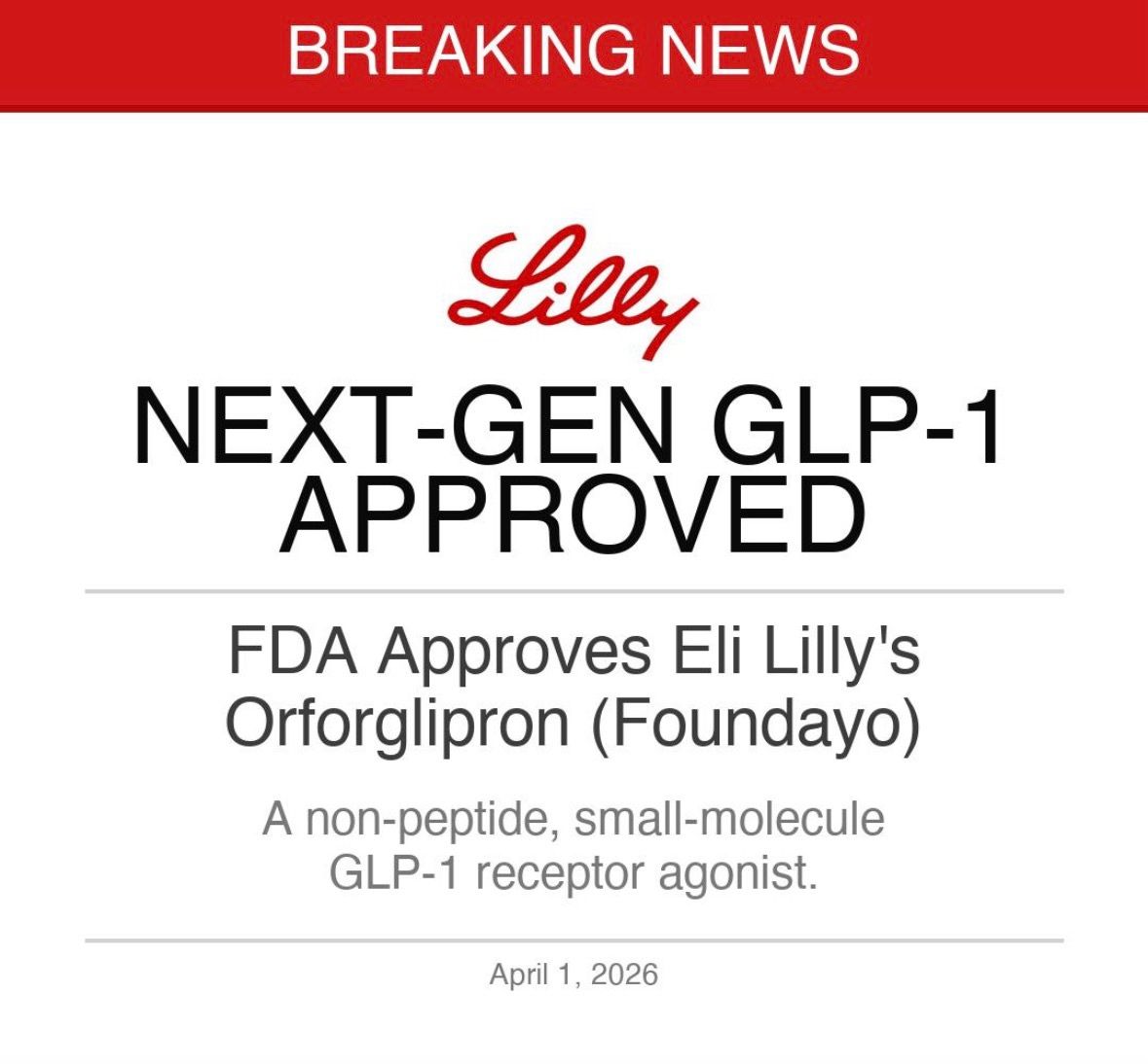 Ecz_AysegulB's tweet photo. * Yeni GLP1 RA hapı onaylandı
* FDA onaylı orforglipron (Foundayo) – ilk oral peptit olmayan GLP-1 reseptör agonisti
* Endikasyon: obezite veya fazla kilolu + ≥1 eşzamanlı hastalık olan yetişkinlerde kronik kilo yönetimi 
* Yaşam tarzı müdahalesiyle (diyet + fiziksel aktivite) birleştirilmelidir