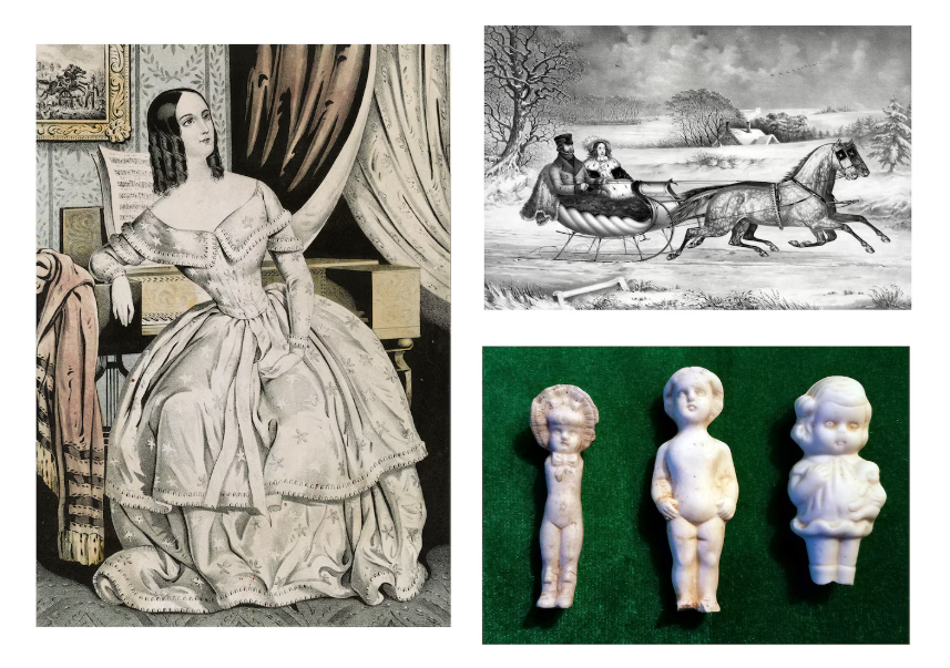 NiftyBuckles's tweet photo. #BookologyThursday 📚🖤
Victorian “Frozen Charlotte” dolls—tiny porcelain figures (c.1850–1920), molded in one rigid piece—were simple penny toys… yet their story turned haunting 🧸🕯️

Named after the tragic ballad Fair Charlotte, a girl who froze on a winter’s night, their cold, unblinking forms echoed the tale.

Not cursed, not haunted—just time, story, and imagination giving them a ghostly life of their own. 🖤
#VictorianGothic #MementoMori #HauntedAesthetic 
#BookChatWeekly 🐈📖

An 1844 print of a well-dressed young woman who would have resembled Charlotte (left), a print of a horse-drawn sleigh published in 1853 (upper right) and several Frozen Charlotte dolls (lower right) found by the author. (Library of Congress/Kevin Ambrose)