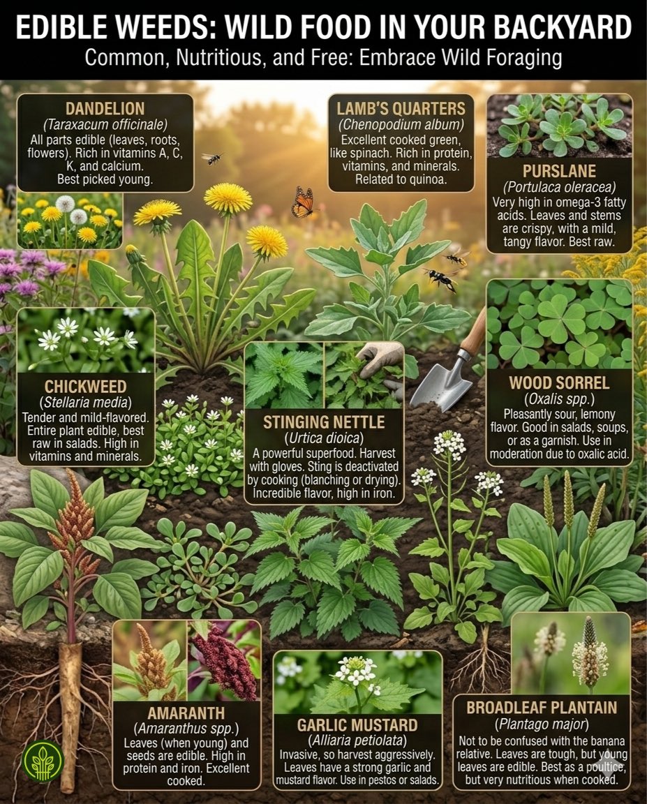 That “weed” you’re about to pull might be your next meal. 🌿

Dandelion → vitamins A, C &amp; K

Purslane → omega-3s

Stinging Nettle → iron-rich superfood

Amaranth → protein &amp; iron

Free food is already growing in your backyard.