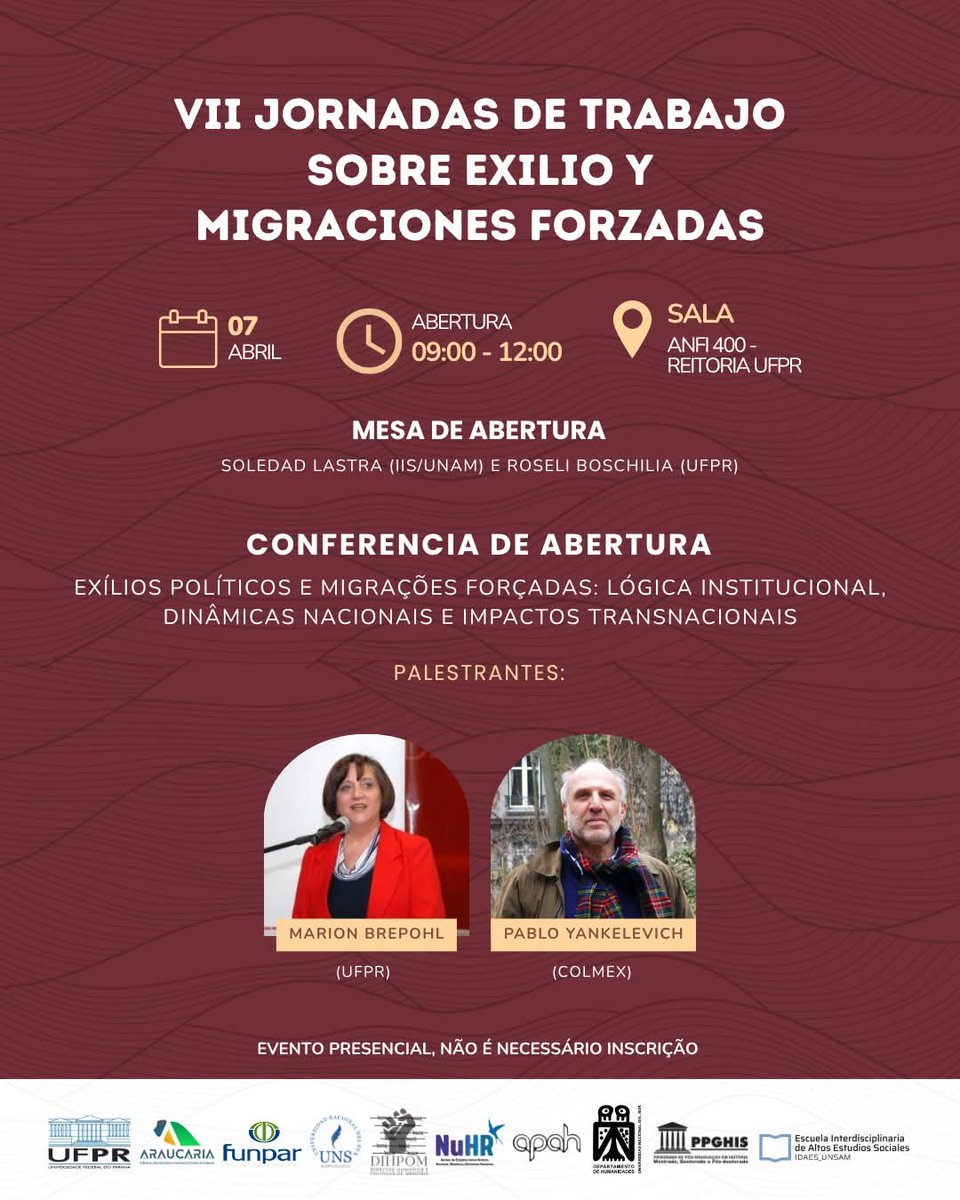 Exilios2's tweet photo. En las VII Jornadas sobre Exilios Políticos que realizaremos en Curitiba vamos a abordar todos estos temas!
🗣���Exilios y retornos políticos
🗣️Memorias 
🗣️Testimonios 
🗣️Migraciones y desplazamientos
🗣️Transnancionalismo
🗣️Políticas migratorias de asilos y refugios 
Programa! 👇 https://t.co/ggi0xvloSW