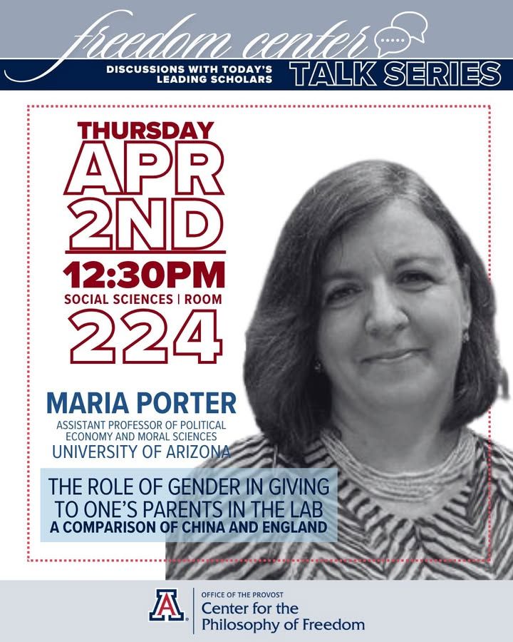 UAZFreedom's tweet photo. Today's FC Talks with Dr. Maria Porter, Asst. Prof. of Political Economy and Moral Science @uarizonasbs on "The Role of Gender in Giving to One’s Parents in the Lab: A Comparison of China and England." Details: https://t.co/WgH6daN1if! Watch: https://t.co/TpYYg8AZV4! https://t.co/JOLWupOca2