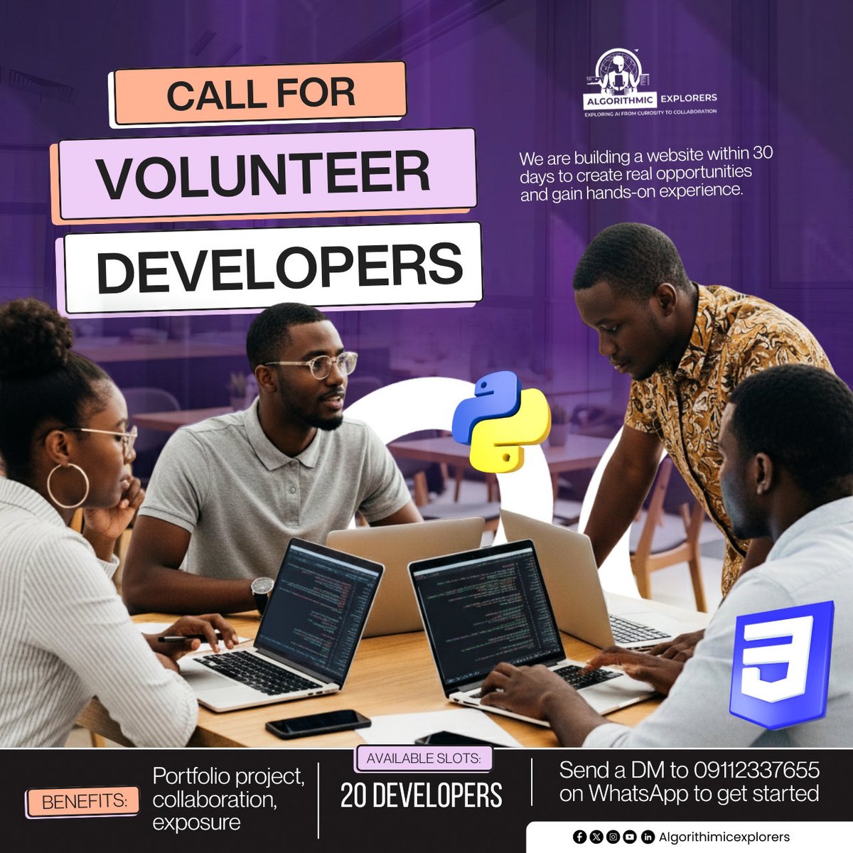 AlgorithmicExp_'s tweet photo. Calling all builders! 🛠️
Join our 30-day project &amp; gain actual dev experience.
✅ 20 Slots only
✅ Frontend, Backend, UI/UX, Product, QA
✅ Collaboration + Paid Gig access
Don't apply unless you're ready to commit. 😤
Link: https://t.co/xX1MjxnrgA https://t.co/UOZ87JY5e2