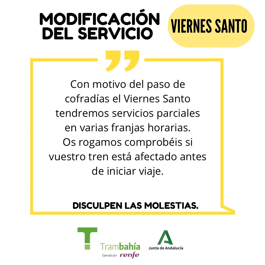 Trambahia's tweet photo. ✝️ Con motivo del paso de cofradías el Viernes Santo tendremos servicios parciales entre en varias franjas horarias, os rogamos comprobéis afecciones de trenes antes de iniciar viaje 

Consulta horarios ℹ️
https://t.co/gyTFyk1QAE https://t.co/ZZMgtV4UrK
