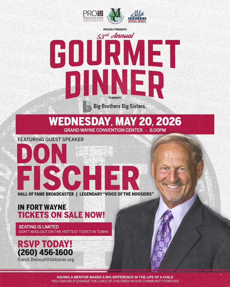 BBBSNEI's tweet image. #ICYMI: Legendary "Voice of the Hoosiers" Don Fischer is coming to Fort Wayne on May 20, 2026 at the @GrandWayneCC ! Tickets are ON SALE NOW Gourmet Dinner.
🎫Visit bbbsnei.org/gourmetdinner for ticket &amp;amp; sponsorship info
#BBBS #GourmetDinner #BeBig