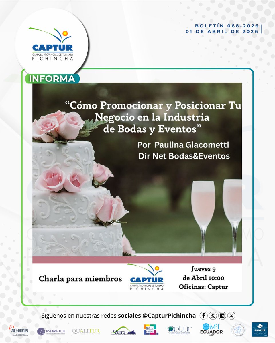 CAPTURPICHINCHA's tweet image. 💍✨ ¿Quieres llevar tu negocio al mundo de bodas y eventos?

Participa en la charla:
 “Cómo posicionar y promocionar tu negocio”
📅 9 abril | ⏰ 10h00 | 📍 Quito
🎯 Estrategias, clientes y nuevas oportunidades

Cupos limitados
📩 ¡Regístrate!
#Eventos #Bodas #Turismo #CAPTUR