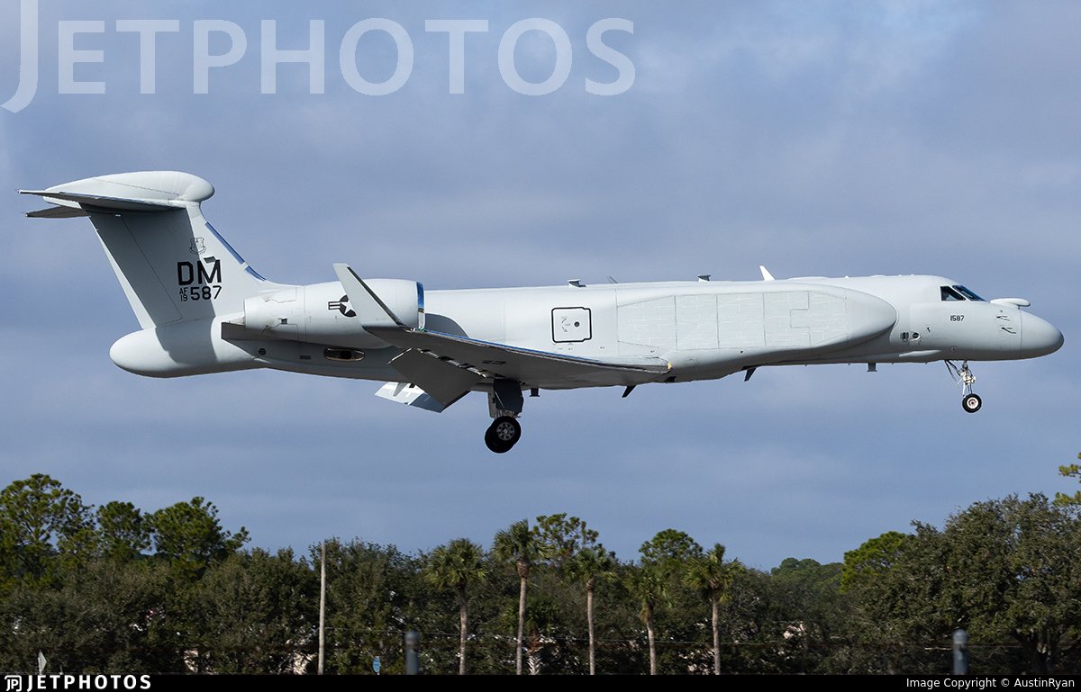 DefenceGeek's tweet photo. New Electronic Warfare birds move forward #FreeIran
--- Operation EPIC FURY ---
Two new EA-37B "Compass Call II" electronic warfare jets that arrived into the UK a few days ago are currently airborne en-route towards CENTCOM!
EA-37B "AXIS41" 19-1587 #AE17CD
EA-37B "AXIS43" 17-5579 #AE142E
There are only believed to be 5 of these new jets operational at present, from an order of 10, with L3Harris & BAE Systems taking the Gulfstream G550 business jet and fitting the specialist equipment suite.
Photo via @JetPhotos