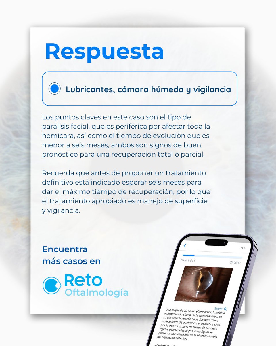 Caso clínico 🧐 

¿Cuál es el tratamiento apropiado para este paciente?              
a) Continuar terapia de rehabilitación        
b) Tarsorrafia
c) Lubricantes, cámara húmeda y vigilancia  
d) Pesa de oro

 #EducaciónOftalmológica #RetoOftalmología