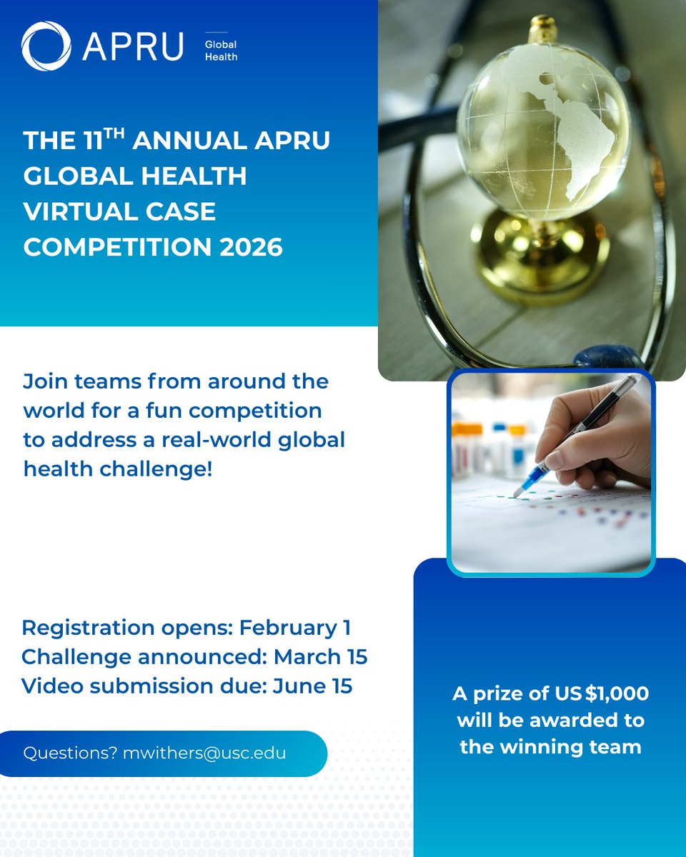 APRU1997's tweet image. Stand a chance to win US$1,000! Register for the 11th #Annual #APRU Global Health Virtual Case Competition 2026 to tackle a real-world global health challenge.

More: apru.org/event/the-11th…

Registration: usc.qualtrics.com/jfe/form/SV_bk…  

Deadline: May 1, 2026, 11:59 pm PT
