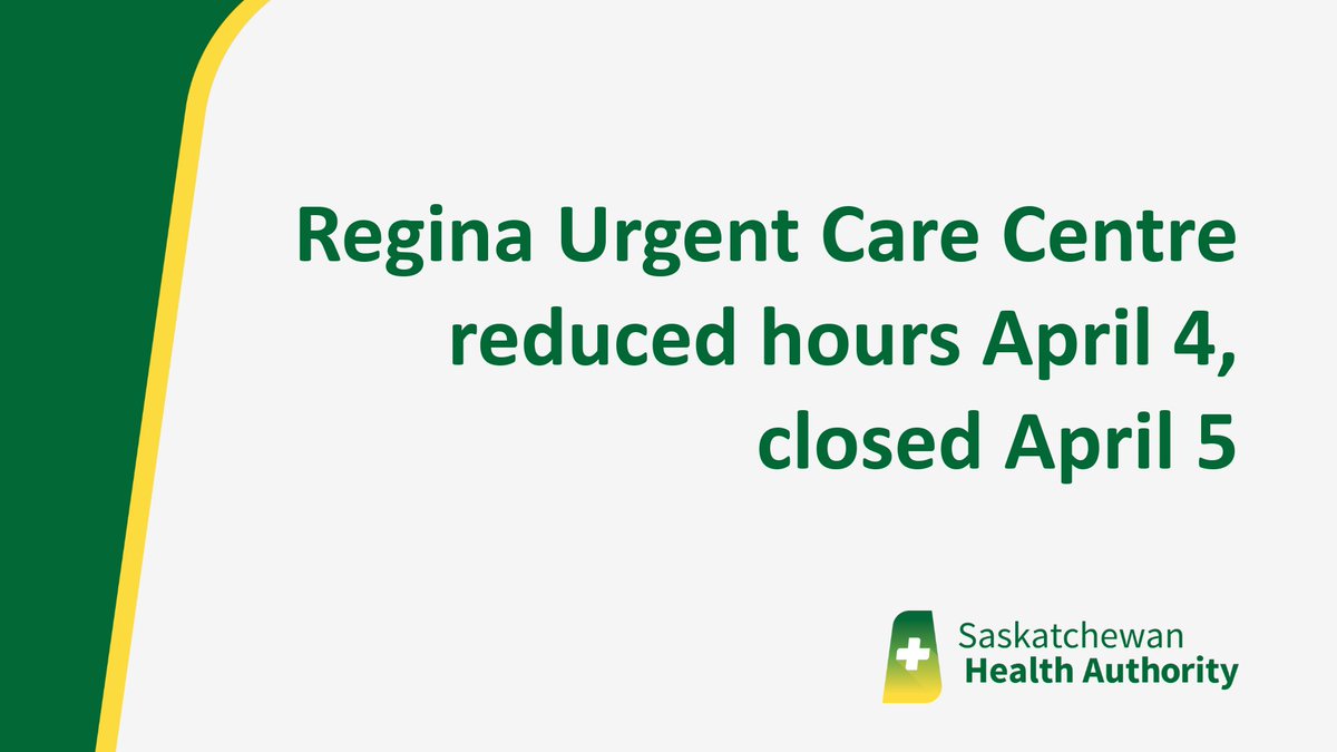 The Regina Urgent Care Centre (UCC) will operate with adjusted hours of:

Saturday, April 4, 2026 – open 8:00 a.m. to 4:00 p.m.
Sunday, April 5, 2026 – facility closed

More: saskhealthauthority.ca/news-events/ne…