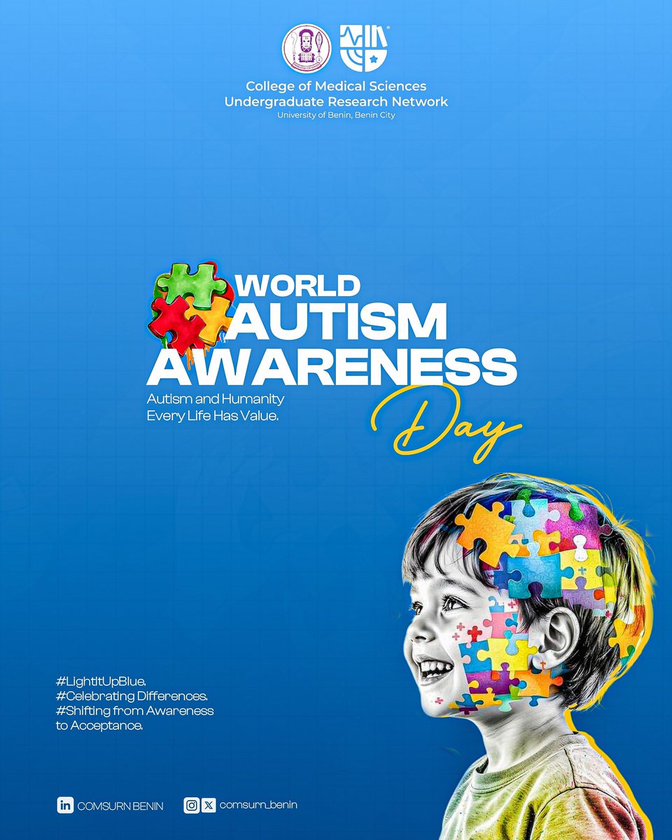 comsurn_benin's tweet photo. 🌍 World Autism Awareness Day (April 2)

A time to move beyond awareness to acceptance, dignity &amp; inclusion. 

Autism is a different way of experiencing the world, not something to fear.

Every life has value. 💙
#WorldAutismAwarenessDay #AutismAcceptance #COMSURN https://t.co/LkHnykPFTg