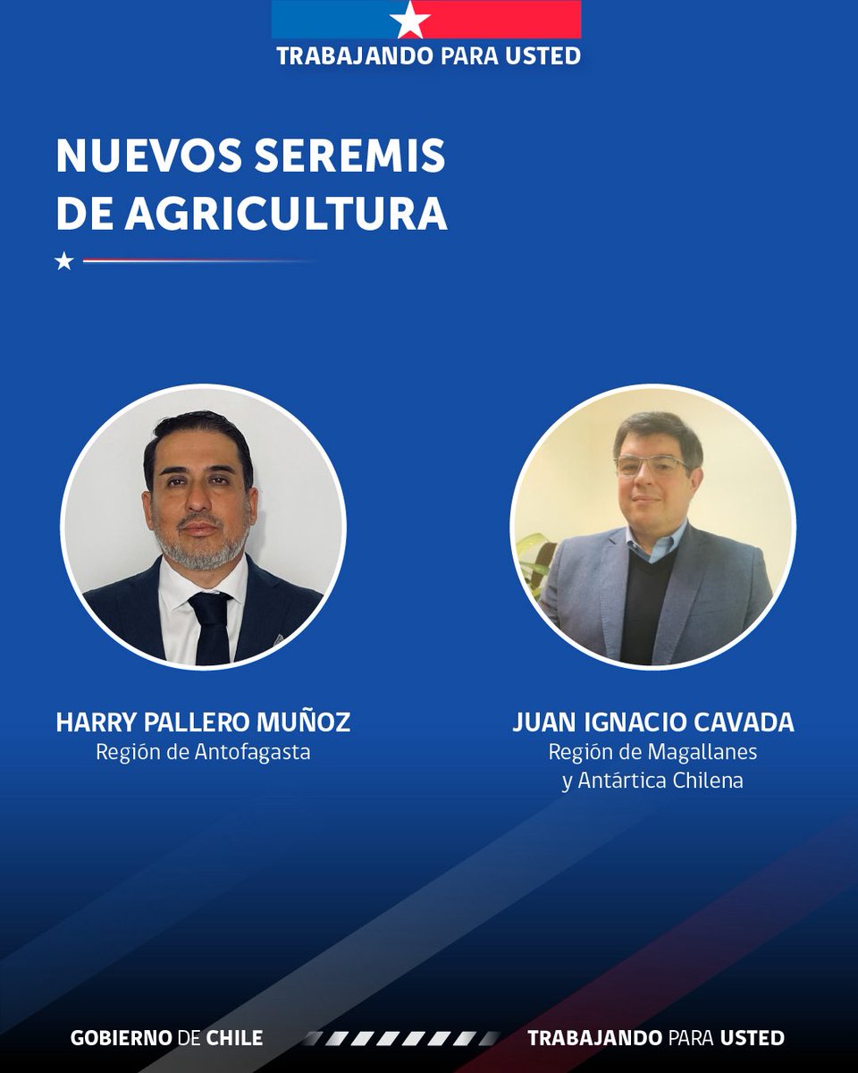 MinagriCL's tweet photo. El ministerio de Agricultura completó el proceso de nombramiento de los Secretarios Regionales Ministeriales (Seremis) en las 16 regiones de Chile. 

Con las designaciones de Harry Pallero Muñoz en la región de Antofagasta y de Juan Ignacio Cavada en Magallanes, ya se encuentra conformado el equipo del @MinagriCL a nivel nacional.
