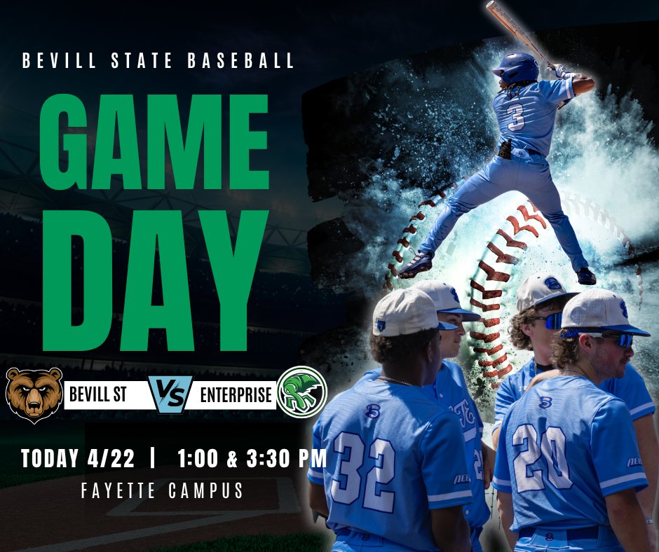 BevillBaseball's tweet photo. ⚾️ HOME GAME DAY ⚾️
The Bears host Enterprise State in a big doubleheader
🗓 April 22
⏰ 1:00 PM &amp; 3:30 PM
📍 Fayette Campus
Let’s pack the ballpark 🔥
#GoBears 💙💚 https://t.co/2lwvjhIFfv
