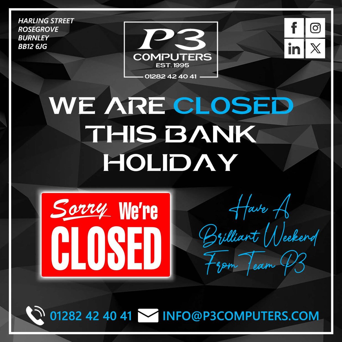 EverythingP3's tweet photo. A little reminder that are closed this bank holiday Friday and Monday for the easter break. 

We are back open Tuesday at 9am!

Hope you all have a brilliant weekend from all the Team :D https://t.co/l3Q9e9fnr8