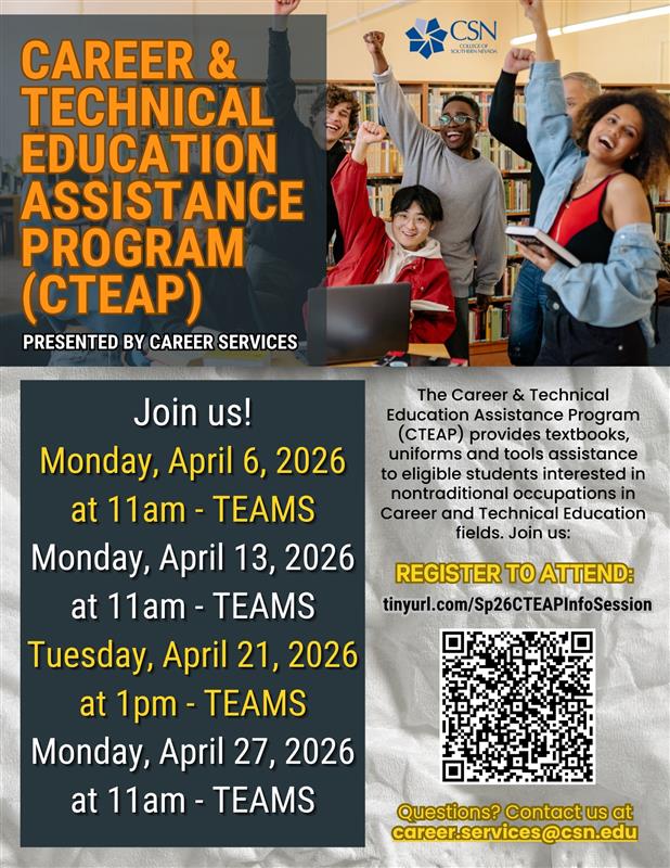 CSNCareerServ's tweet image. Upcoming CTEAP Info Session on April 6th, 2026 at 11am via MS TEAMS!

Learn how to get help with uniforms, textbooks &amp;amp; tools.🛠️

RSVP now: tinyurl.com/CTEAPInfoSessi…

#CTEAP #CareerSupport #CSNResources #infosession #technicalassistance