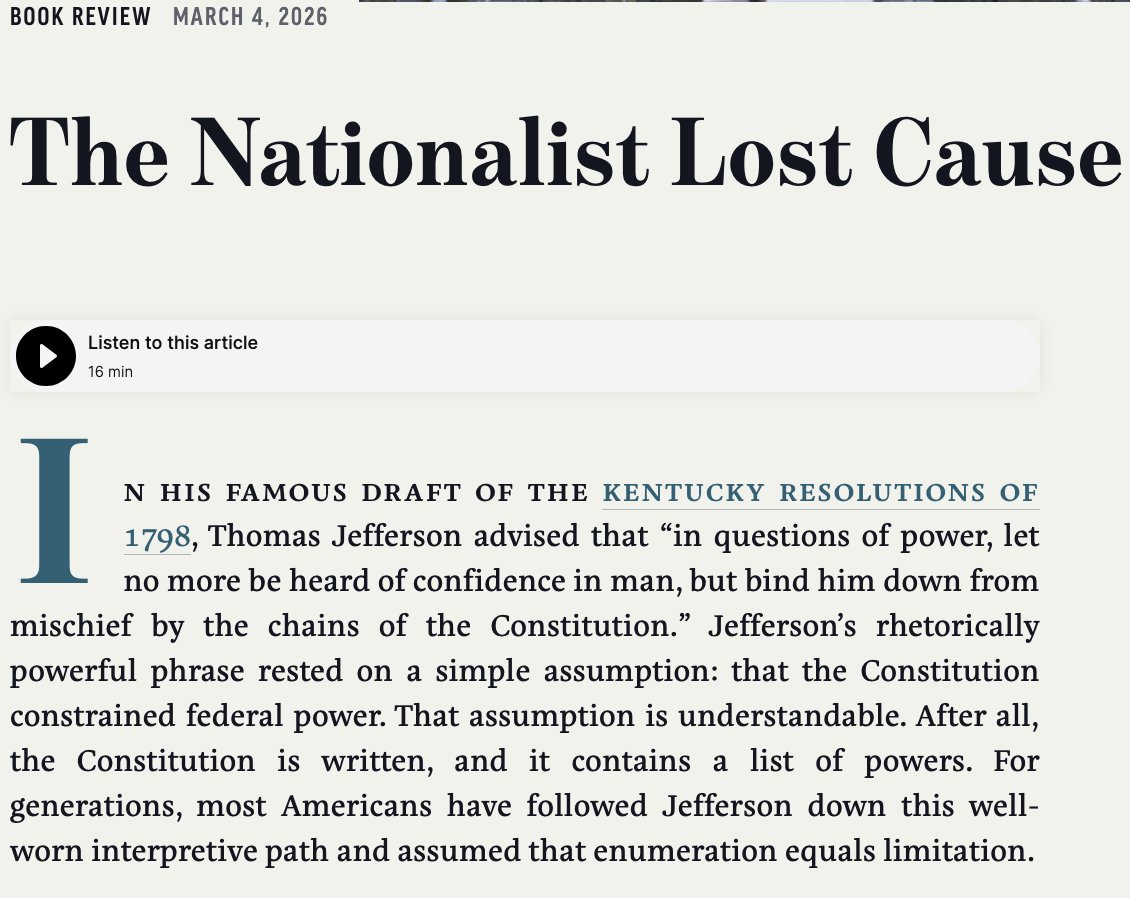 FedIndex's tweet photo. "Commentators will undoubtedly praise The Oldest Constitutional Question as a brilliant contribution to constitutional history and jurisprudence. As the caustic tone of the previous paragraphs suggests, I am less persuaded." 

A thought provoking review by Aaron N. Coleman https://t.co/Z0xsybh6Mr
