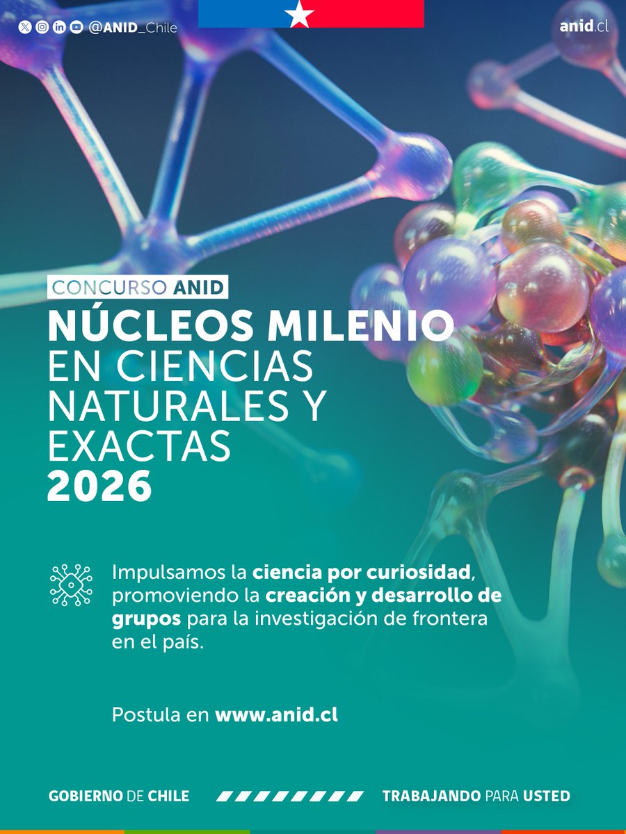 ANID_Chile's tweet photo. Comenzamos el proceso de postulación para sumar nuevos #NúcleosMilenio en Ciencias Naturales y Exactas, cuyo objetivo es el fortalecimiento de las capacidades científicas y tecnológicas de frontera, así como la difusión y transferencia del conocimiento a los diferentes sectores de la sociedad. 

Más detalles en: https://t.co/2YIGvBZGJ7