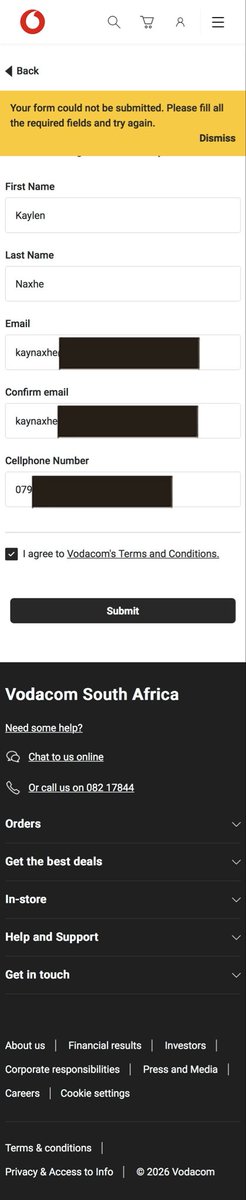 KayNaxhe's tweet photo. Hi @Vodacom unable to upgrade online and the deal I want to upgrade to is only available online then your call back form gives me the below? https://t.co/AfjR9OX244