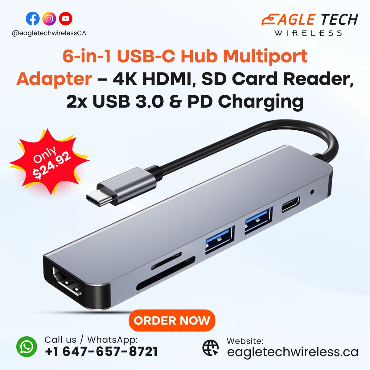 wireless16463's tweet image. #EagleTechWireless #USBCHub #MultiportAdapter #6in1Hub #4KHDMI #SDCardReader #USB30 #PDCharging #MacBookAccessories #TechCanada #GadgetsCanada #Scarborough #ScarboroughBusiness #ShopLocal #CanadianBusiness #LaptopAccessories #TechDeals #FastDelivery #HomeOffice #ShopScarborough
