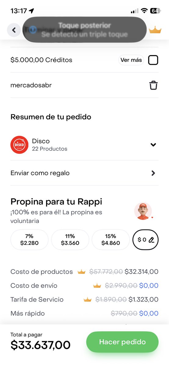 Explicación gráfica de cómo <a href="/RappiArgentina/">Rappi Argentina</a> engaña a sus clientes Pro con los 15000$ en cupones. Hago un pedido sin cupón ($33637) cargo el “cupón” de $7000, queda igual que el precio sin nada. Suerte después con el peor soporte que tuve que interactuar <a href="/vmenditto/">Miss Ofertas by Vero 🛒🛍️</a>