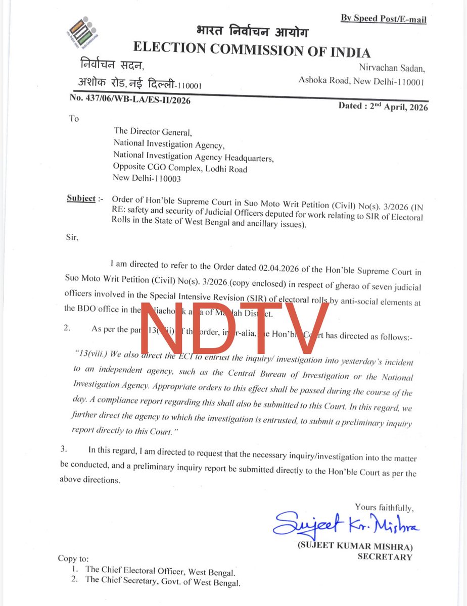 SreyashiDey's tweet image. Breaking: 

#ECI handover #MaldaViolence probe to #NIA as per #SupremeCourt direction.