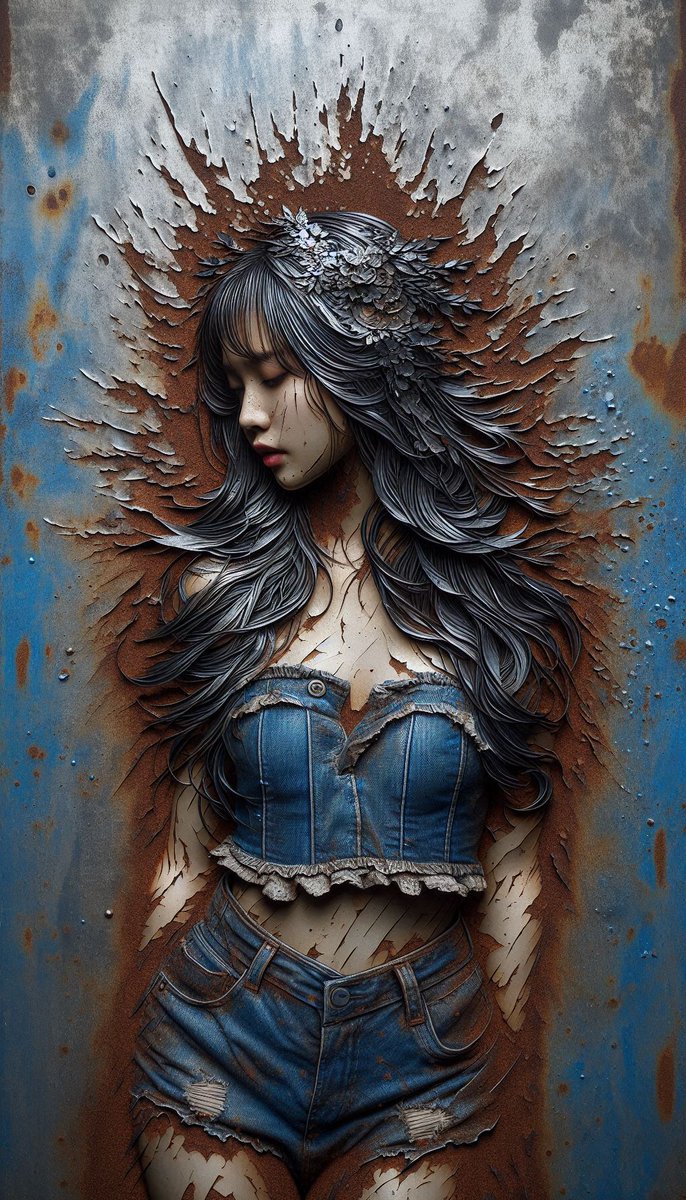 yorinsmenagerie's tweet image. In Rust We Trust XV.
#AIart #DallEties 
#PromptShare : "rough artsy realistic photography of a woman wearing a frills croptop denim, carved into a rusty steel sheet, blue splatter paint droplets"
@BrianEMcGrath @Violazurry @wGnZsGVPmZ76270 
Wanna give it a try ?
