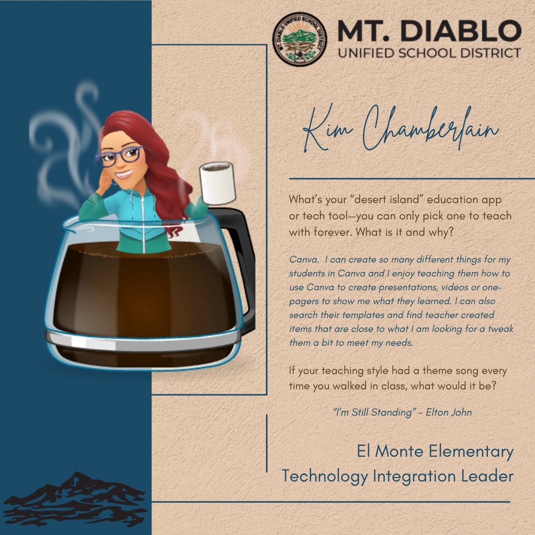 MDUSDEdTech's tweet photo. Spotlight: Kim Chamberlain supports El Monte Elementary with #edtech. Thank you for the support you provide our teachers and students! #TILsOfMDUSD #spotlight #TechnologyIntegrationLeader
@MtDiabloUSD https://t.co/xL9I4iCbXw
