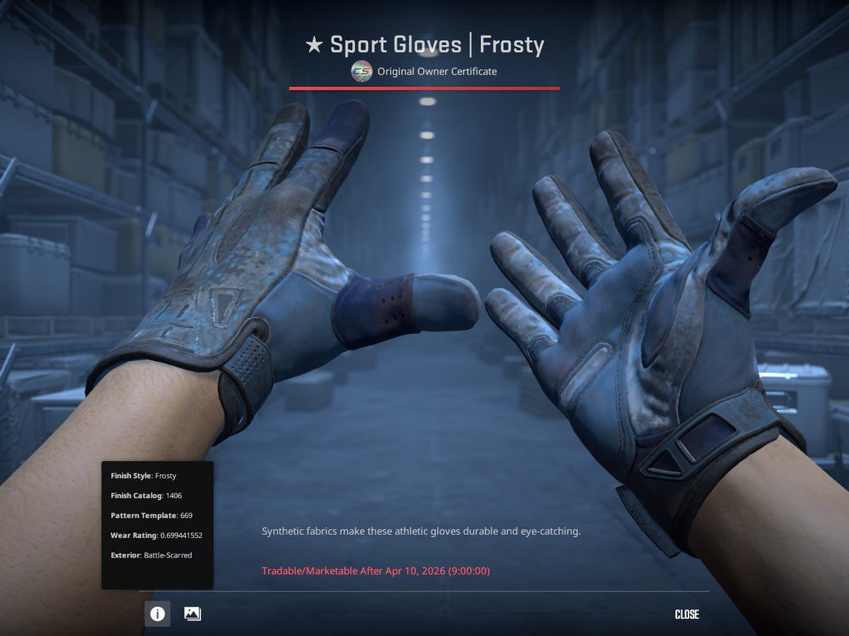 Got two interesting items, looking for price checks:

AWP | Queen’s Gambit
0.98885 float (2nd highest on CSFloat)
Pattern 277

★ Sport Gloves | Frosty
0.69944 float (0.69)
Pattern 669

Interested in offers as well.