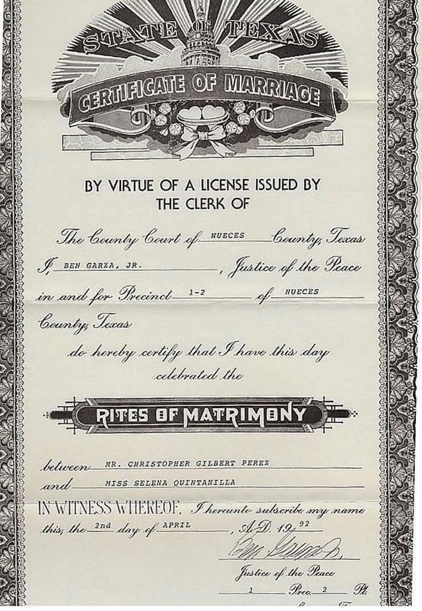 34 years ago today selena and chris got secretly married in corpus christi, texas. 

(april, 2nd, 1992)