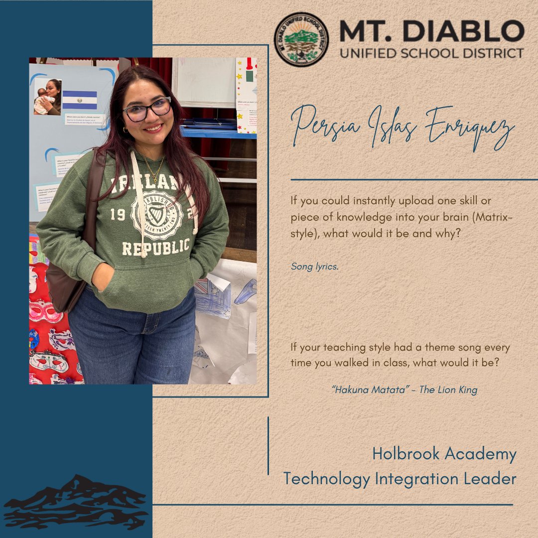 MDUSDEdTech's tweet photo. Spotlight: Persia Islas Enriquez supports @HolbrookMDUSD with #edtech. Thank you for the support you provide our teachers and students! #TILsOfMDUSD #spotlight #TechnologyIntegrationLeader
@MtDiabloUSD https://t.co/jWZ0VCyE1t