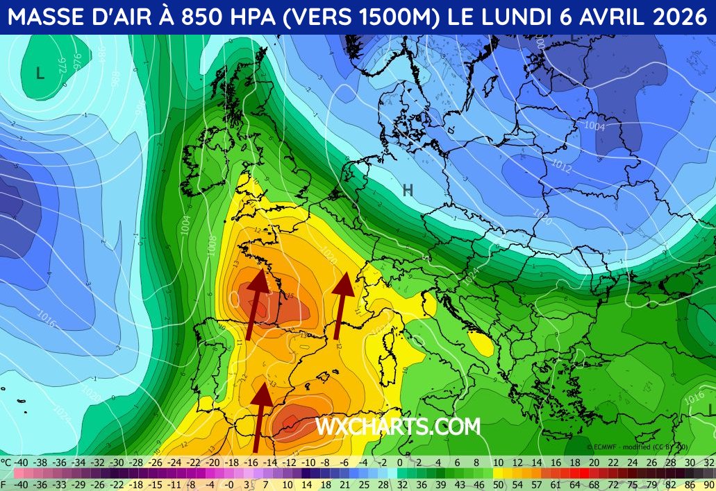 🌡️ Le pic de chaleur se confirme pour le lundi de Pâques. La température de la masse d'air atteindra 15°C à 1500 mètres dans le sud-ouest, pouvant engendrer des pointes à près de 30°C au sol !