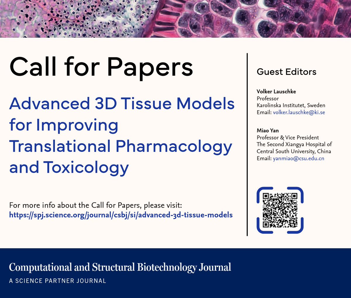 📢 Call for Papers: Advanced 3D Tissue Models for Improving Translational Pharmacology and Toxicology

⏳ Submission Deadline: 30 November 2026

🔗 Submit your work: spj.science.org/journal/csbj/s…

<a href="/CSB_Journal/">CSBJ</a> <a href="/SPJournals/">Science Partner Journals</a> <a href="/aaas/">AAAS</a> #DrugDiscovery #Toxicology #3DTissueModels #Organoids #Cfp
