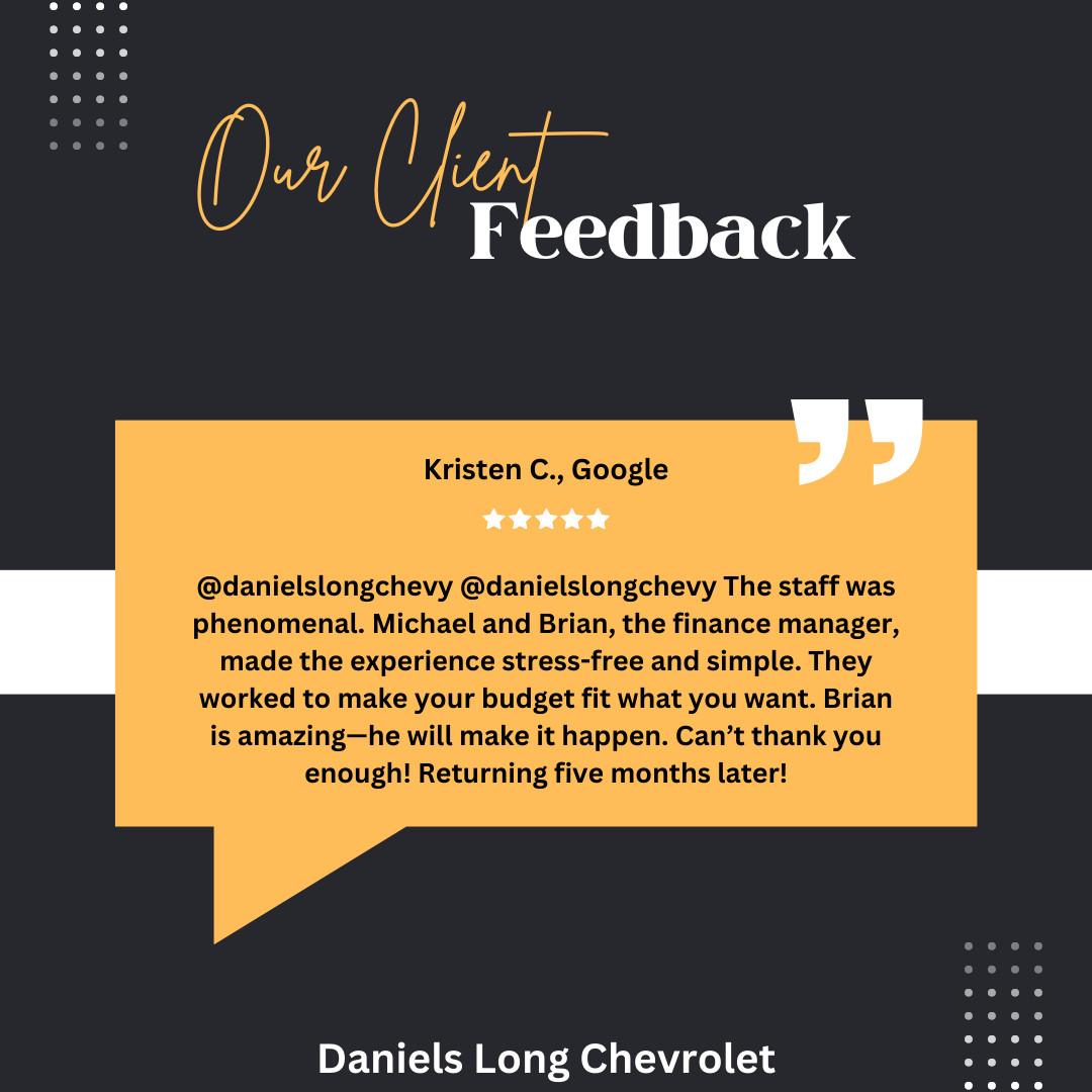 dlchevrolet's tweet photo. Thank you, Kristen! We’re glad Marisa, Michael, Derek, and Brian made your experience at Daniels Long Chevrolet stress-free and enjoyable. We appreciate your kind words and look forward to assisting you again! https://t.co/S5eVdE7nDy